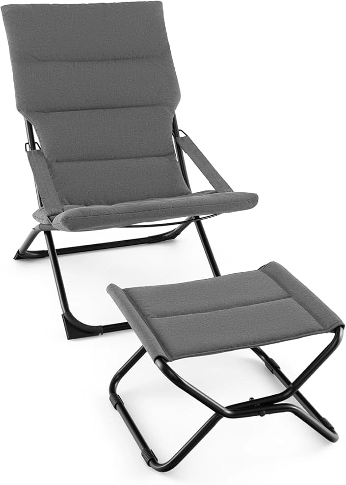 Sedia da Giardino con Poggiapiedi, Sedia a Sdraio Pieghevole, con Cuscino Rimovile, Sedia Reclinabile da Spiaggia, Sedia Portatile da Esterno, Portata 110 kg