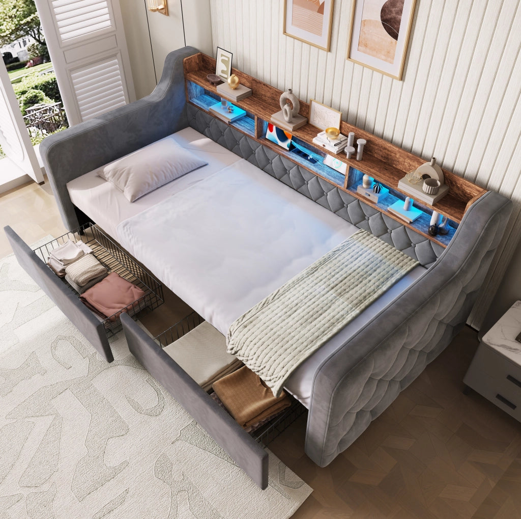 Letto imbottito 90x190 cm con LED, ricarica USB/Type-C e 2 cassetti