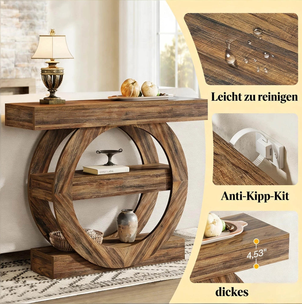 Tavolo consolle rustico 105x30x85 cm con 3 ripiani aperti; legno marrone rustico