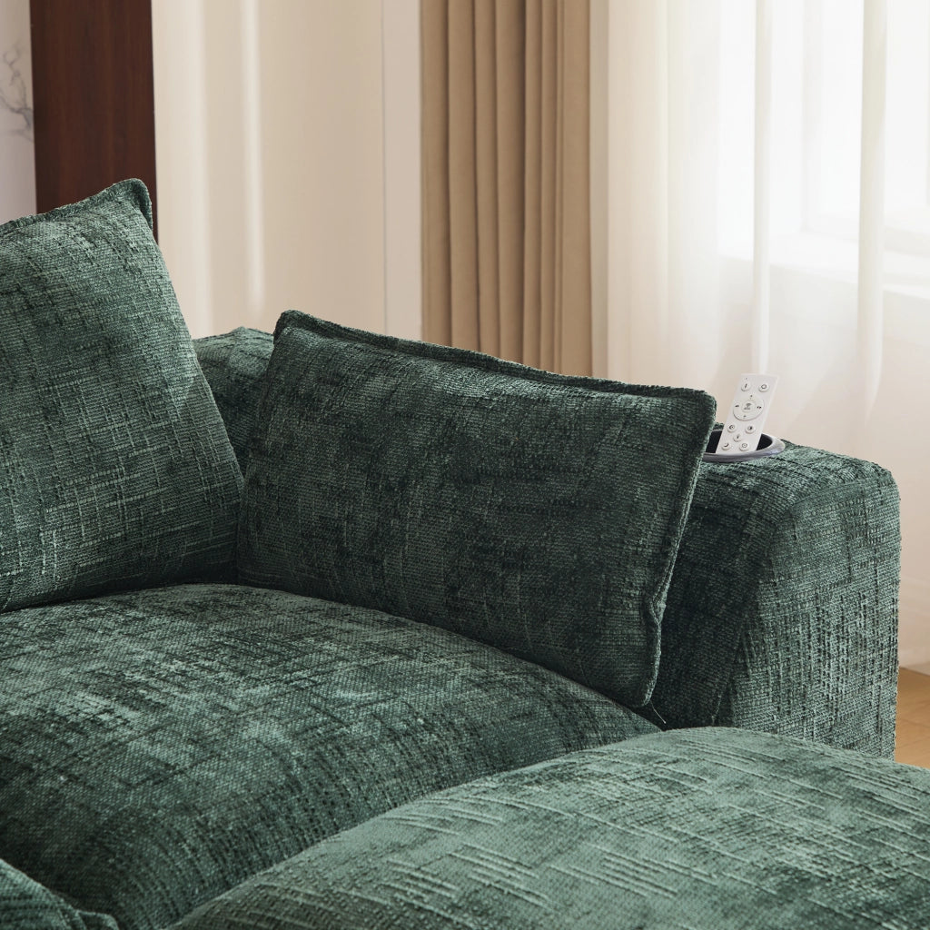 Divano modulare 4 posti con tasche laterali e cuscini in chenille verde per soggiorno e sala d'attesa 322 × 161 × 75 cm