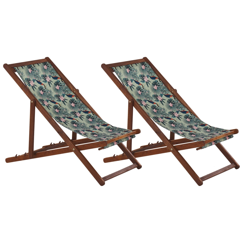 Set di 2 sedie a sdraio da giardino con struttura in legno di acacia scuro con motivo pellicano sedile ad amaca reclinabile