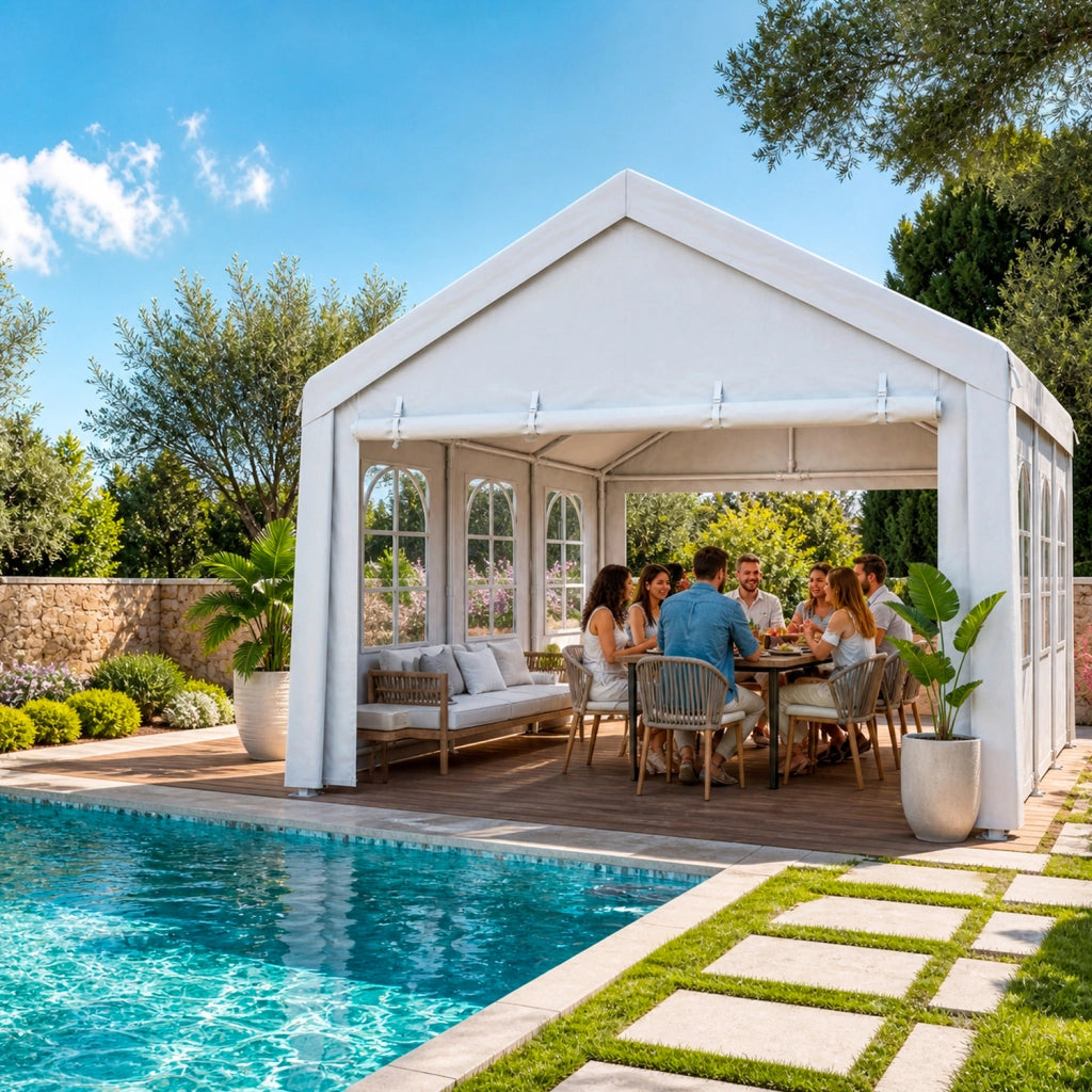 Gazebo Da Giardino Professionale Con Pareti Laterali Modulari E Finestre Cristalline Per Eventi Ricevimenti Catering Copertura Outdoor Resistente Impermeabile 6 x 4 x 3.15 Metri Bianco