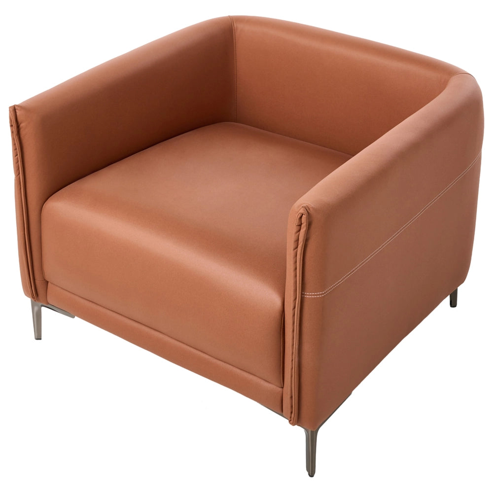 Poltrona in tessuto marrone dorato, imbottita, stile moderno, con gambe in metallo, minimalista