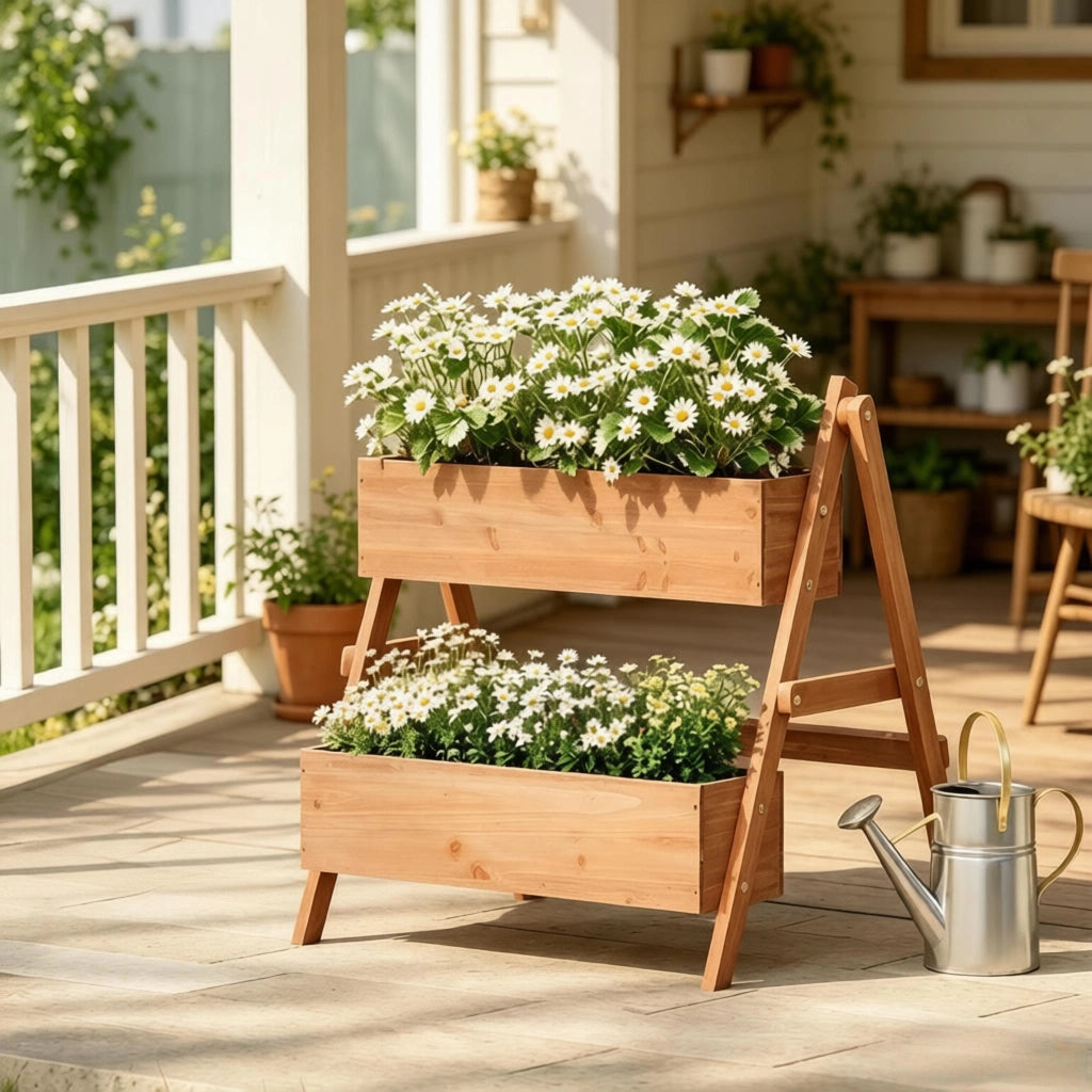 Fioriera a più livelli a gradini in legno massiccio con struttura triangolare marrone 80 × 62 × 68 cm