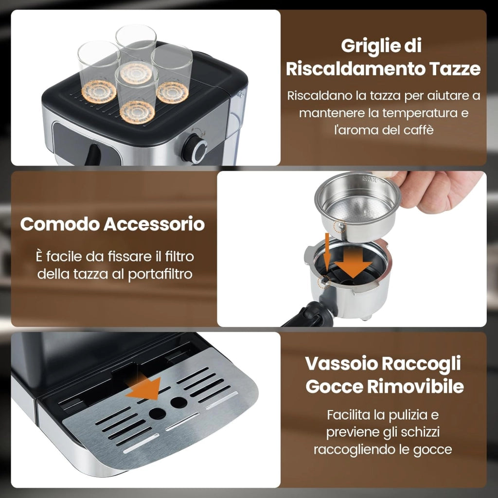 1200W Macchina da Caffè Professionale, Macchina per Espresso 20 Bar con Montalatte a Vapore, in Acciaio Inox per Cappuccino Latte Macchiato, 26 x 21 x 28 cm