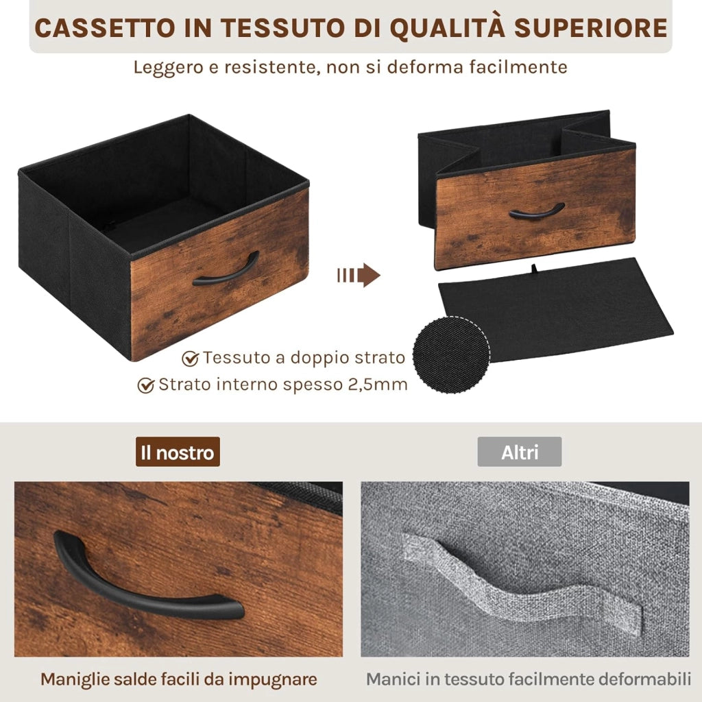 Comò 9 Cassetti, Mobile Contenitore con Multipresa e Illuminazione LED, Cassetti in Tessuto, 3 Ganci Laterali, Struttura in Metallo, 110x30x83,5 cm, Marrone Rustico + Nero