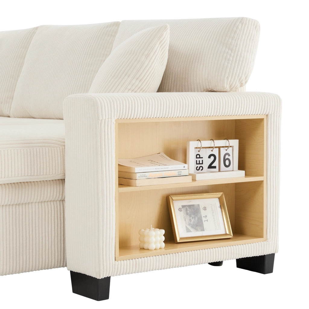 Divano Angolare Convertibile 3 Posti con Vano Contenitore, USB e Type-C, Cuscini, in Velluto a Coste Beige 231 × 131.5 × 84 cm