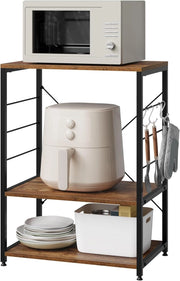 Scaffale per Cucina Carrello per Microonde Forno a 3 Ripiani in Metallo e Legno Scaffalature Fioriera Multiuso, Effetto Legno Vintage