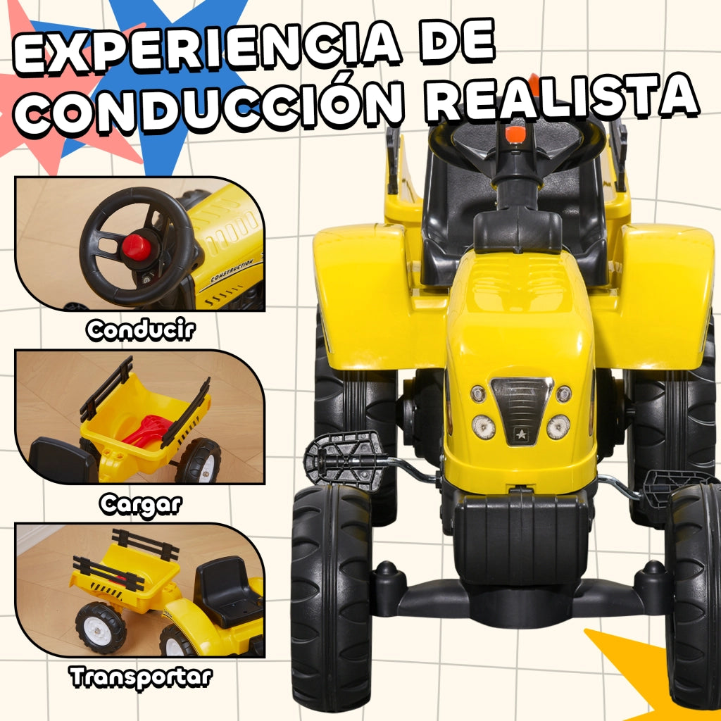 Trattore a Pedali per Bambini 3+ Anni con Rimorchio e 2 Attrezzi ¨C Zephmum ¨C Giallo 133x42x51 cm