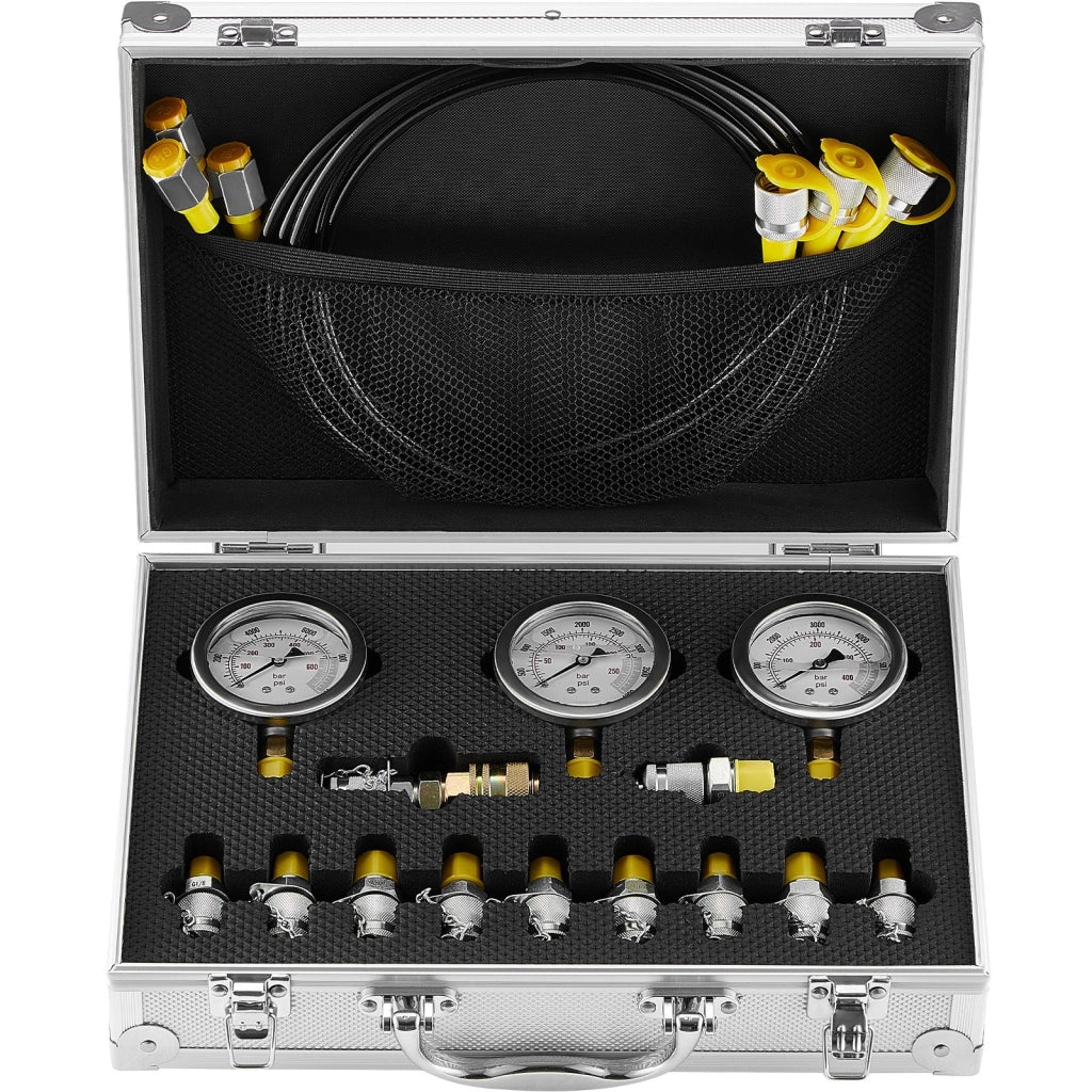Kit Prova Pressione Idraulica TKS-1 con 3 Manometri 250 400 600 Bar 11 Raccordi e 3 Tubi 1,6m Set Diagnostica per Escavatori Trattori