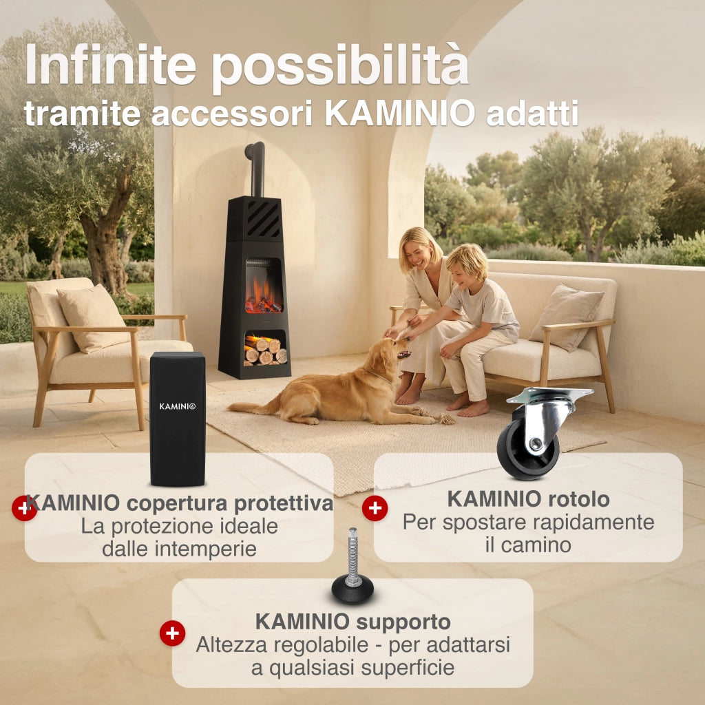 KAMINIO Caminetto elettrico da giardino con tubo KAI XL - Stufa de terrazzo  elettrico con riscaldamento, effetto fiamma 3D, luce ambiente a LED, scomparto de legno, telecomando - X-Large, Nero