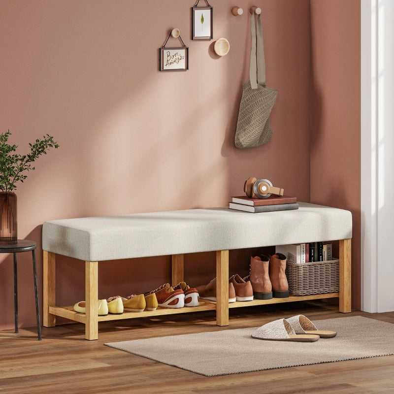 Panca portascarpe in legno massello 140 cm con seduta imbottita, stile moderno per ingresso, colore bianco crema