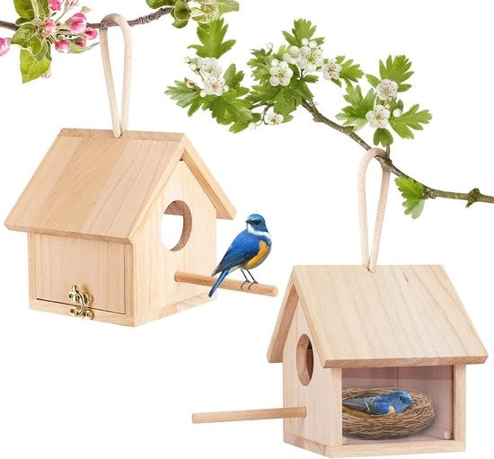 Casa per Uccelli Esterno Appeso con Stelo Legno Blu Decorativo Per Terrazza - Becco Spatolo Colibrì Merlo Tordo