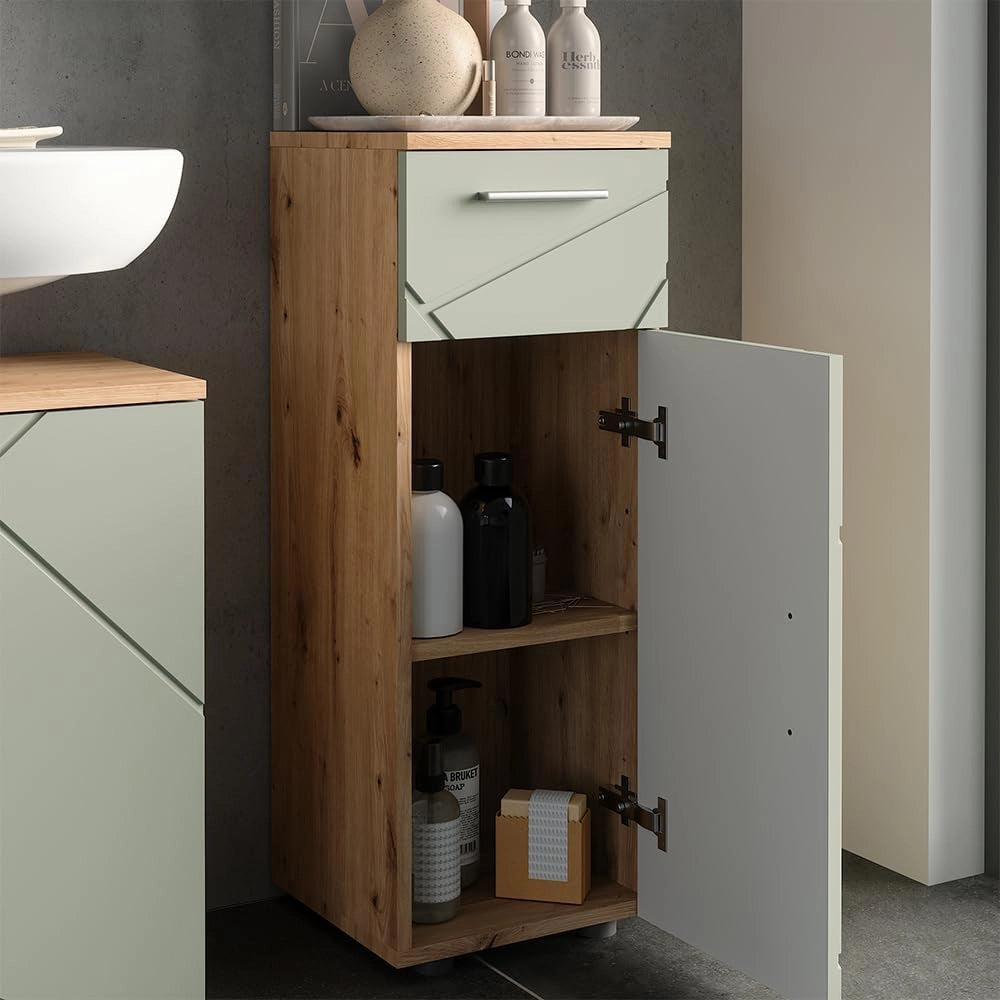 mobiletto bagno Irma, Verde salvia, 30 x 81 cm, per la conservazione in bagno, abbinabile alla serie Irma