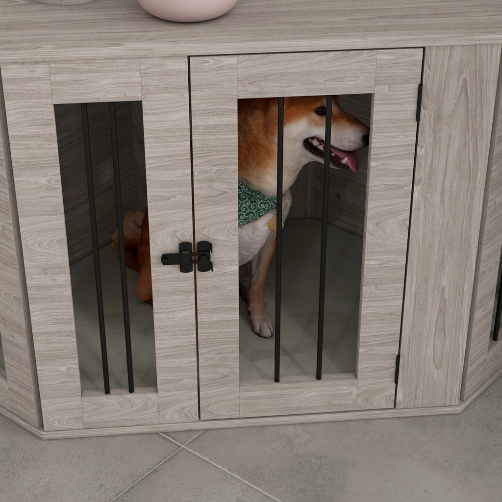 Gabbia per cani con cuscino e chiavistello tre lati con sbarre in acciaio in compensato color noce 104 × 55 × 63 cm