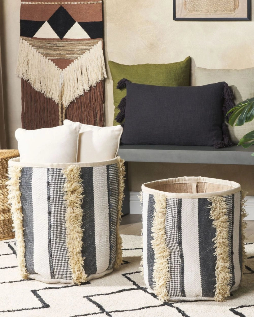 Set di 2 cestini in cotone beige e grigio alti 40/45 cm per riporre oggetti in stile rustico boho