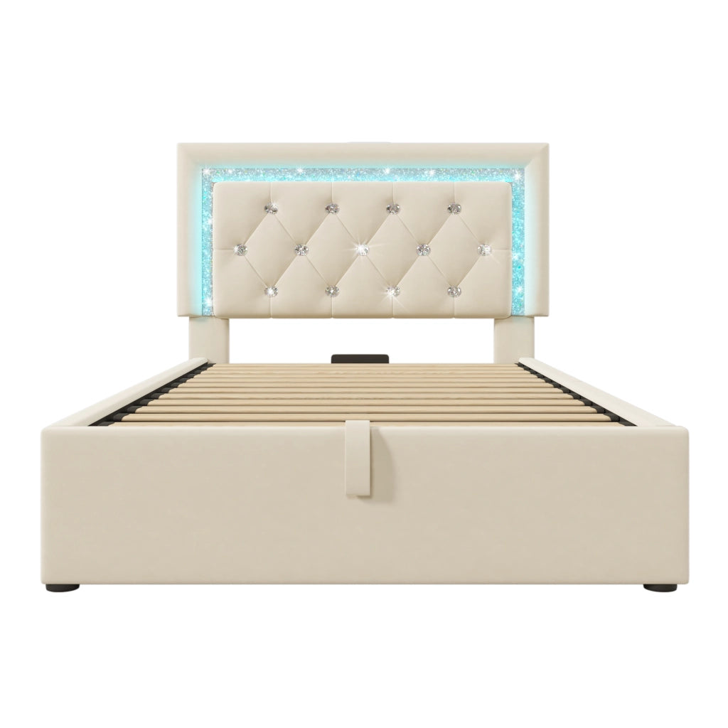 OKWISH Letto Singolo con Contenitore 90×200 cm con LED Regolabile, USB, Type C e Testiera, senza Materasso, in Velluto, Beige