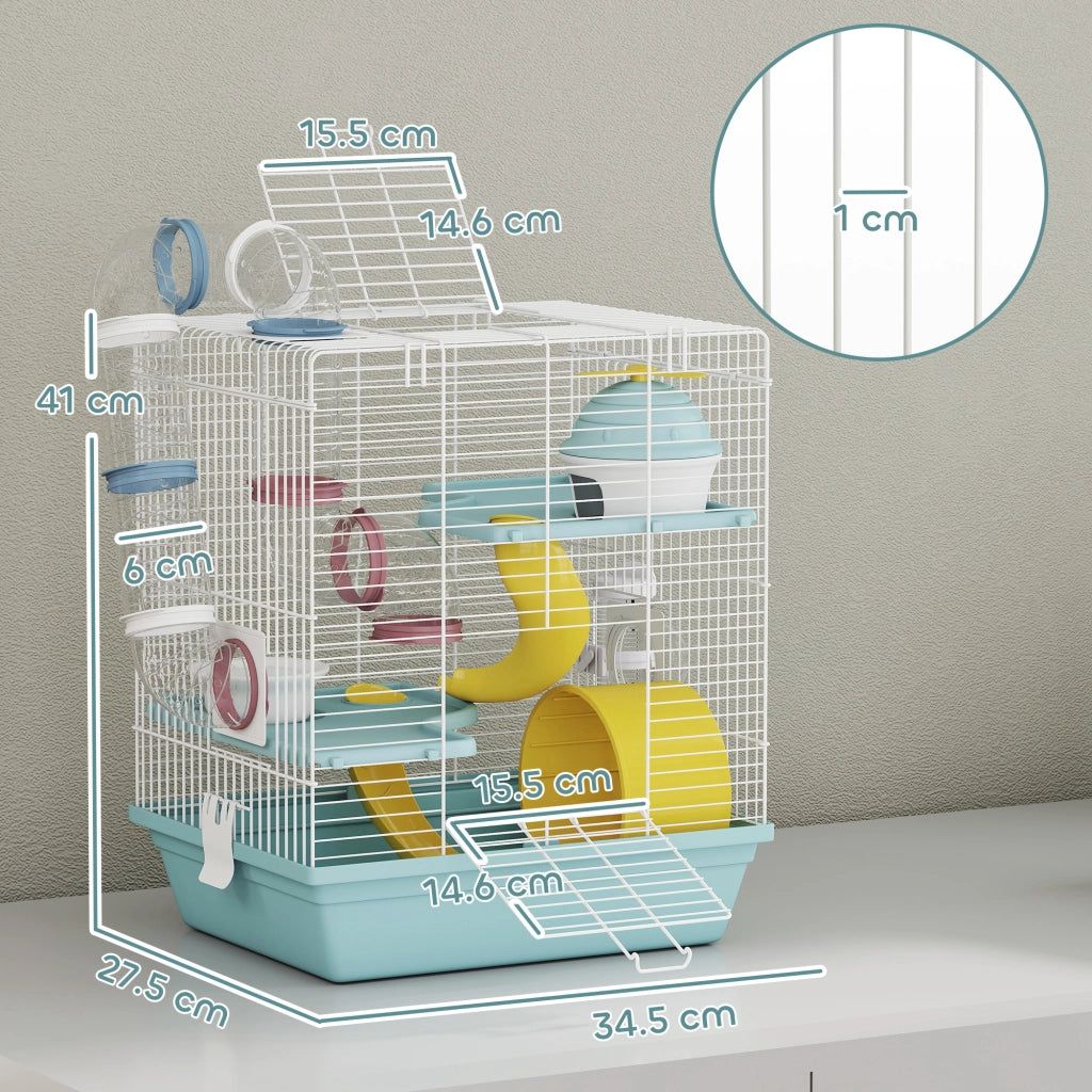 Gabbia per Criceti a 3 Livelli 34,5x27,5x41 cm 12 Tubi con Casetta Rampa e Accessori in Metallo e Plastica Grigio