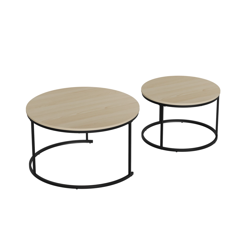 Set di 2 tavolini da caffè rotondi impilabili, effetto rovere, struttura in metallo, stile moderno