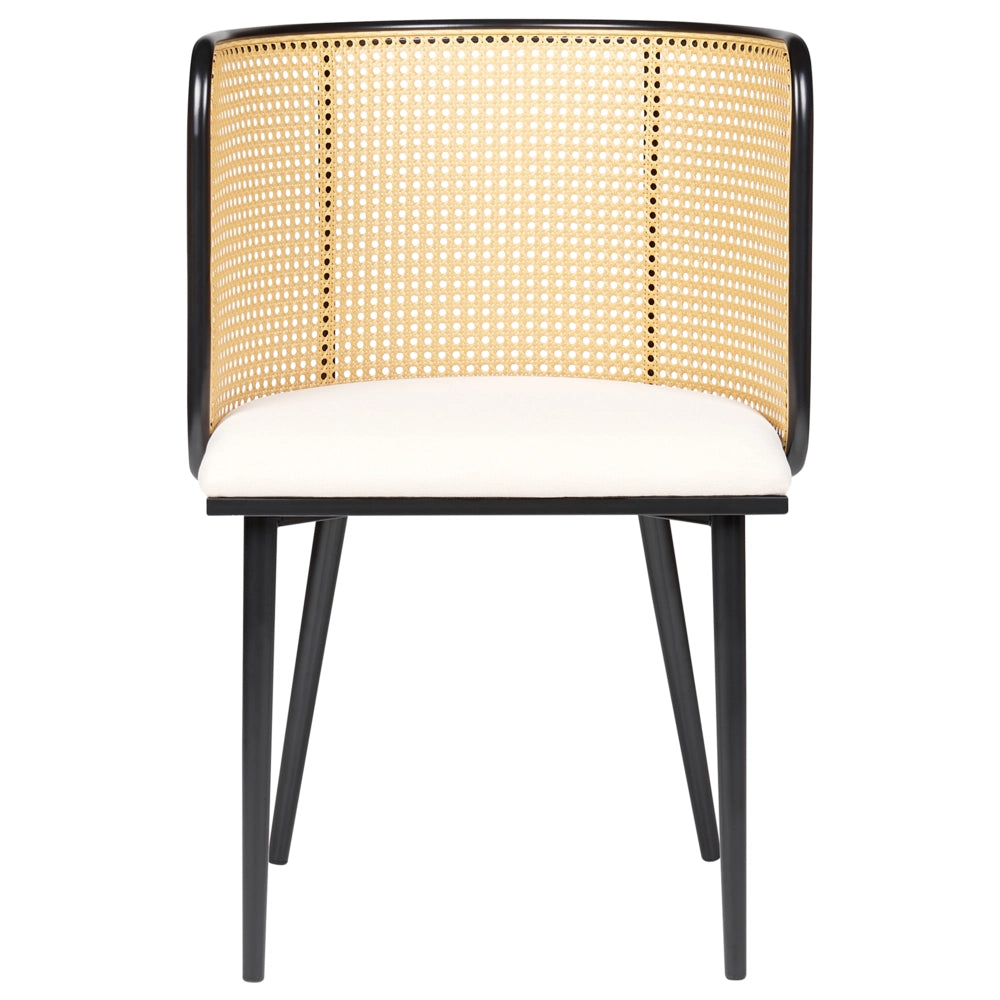 Set di 2 sedie da pranzo con seduta in tessuto e struttura in metallo nero effetto legno con intreccio viennese stile retrò soggiorno
