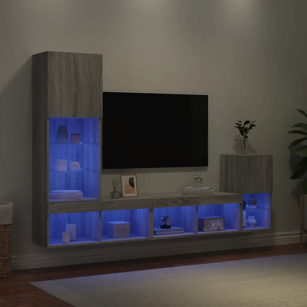 Mobili TV a Muro con LED 4pz Grigio Sonoma in Legno Multistrato 3216666