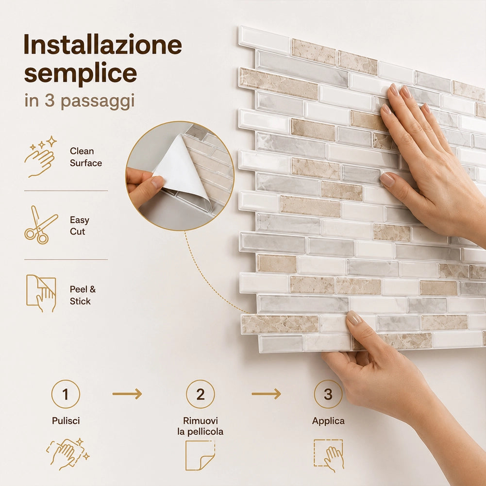 Set 10 Pannelli Adesivi Piastrelle Muro Parete 30.5 cm Decoro Mattoncini Beige