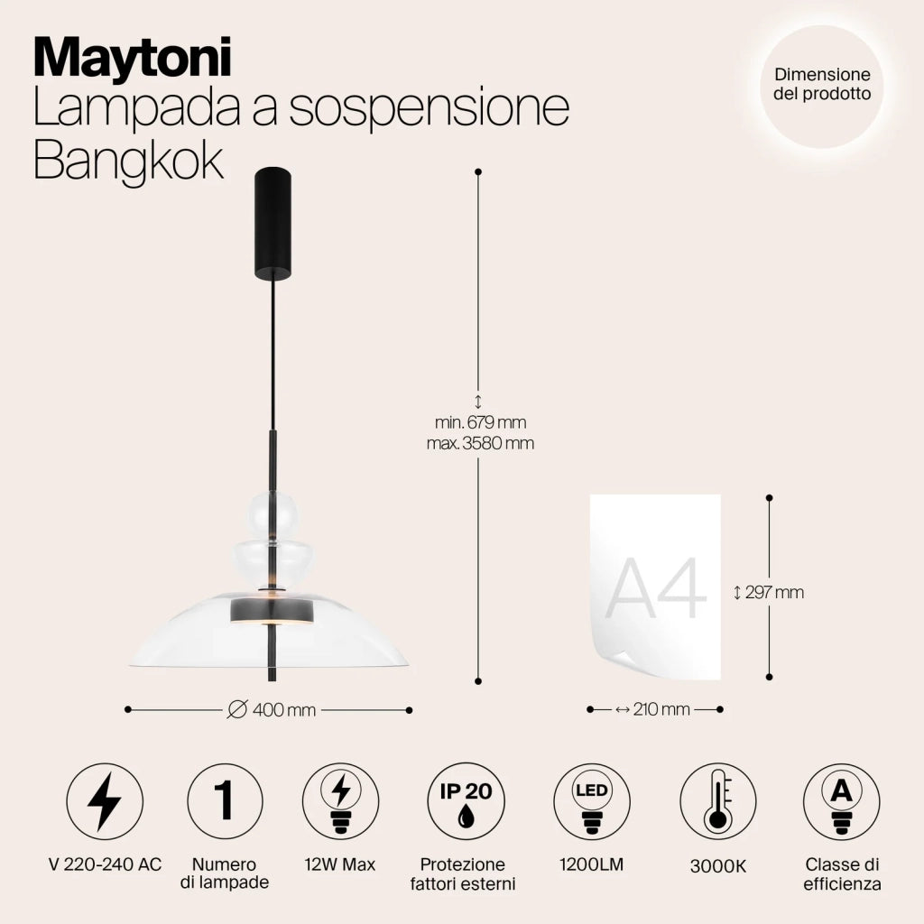 Maytoni Lampadario moderno Bangkok 1 luce LED integrato nero metallo trasparente vetro