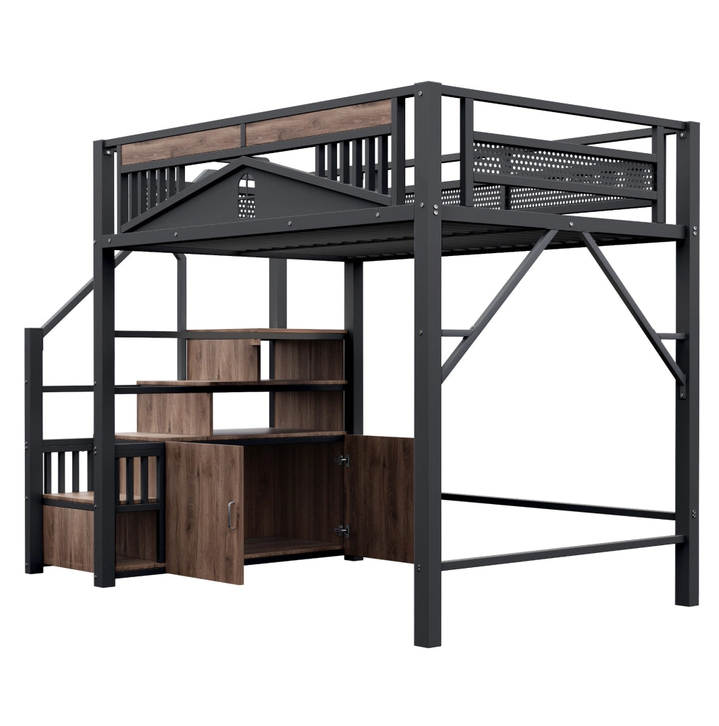 Letto a soppalco in metallo 140x200 cm con scale laterali; sponda finestrata e contenitore; nero