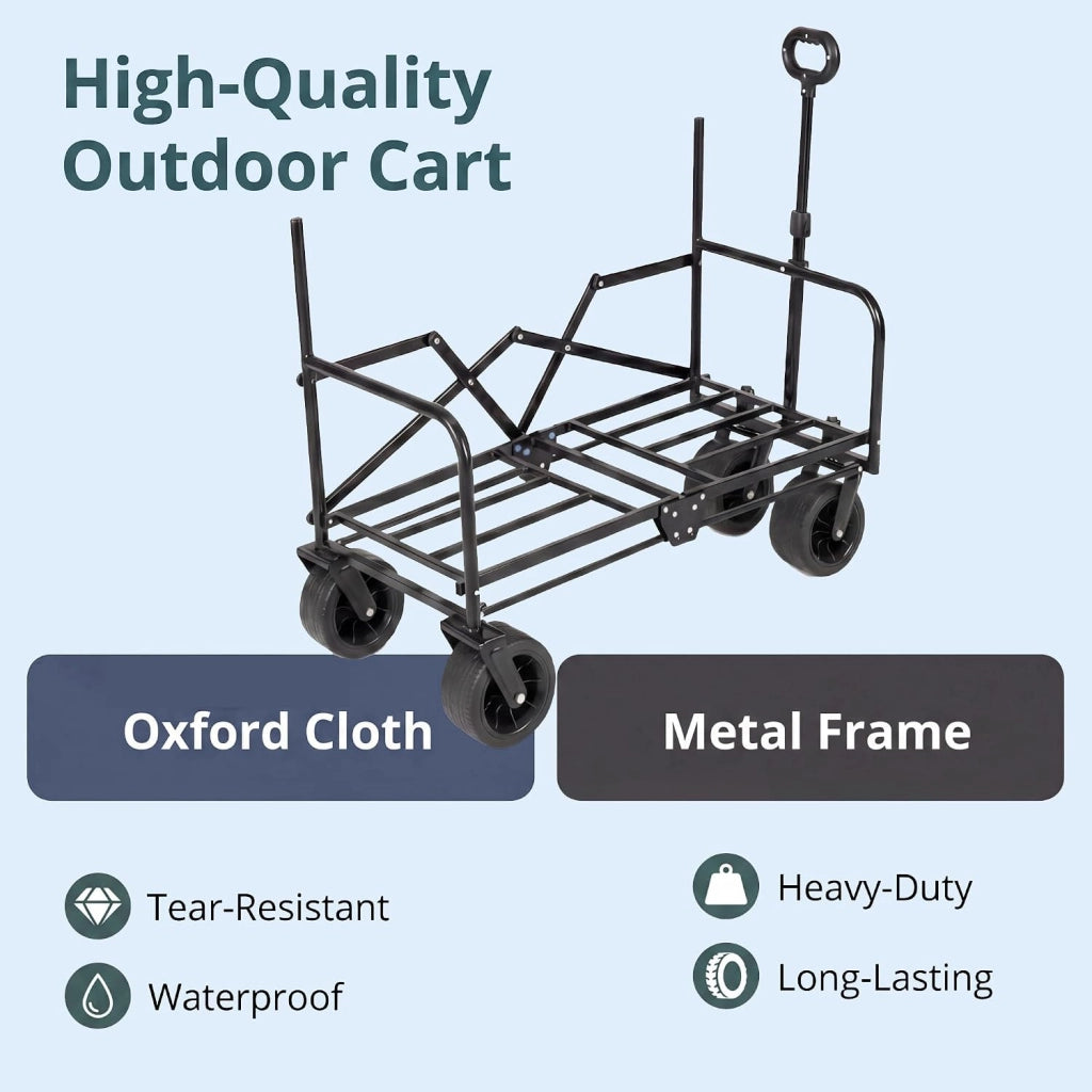 2 in 1 Carrello Spiaggia con Seduta, Carretto Pieghevole con Ruote Grandi e Cuscini Morbidi, Carrello da Campeggio, Giardino e Pesca, in Acciao Resistente, Chiusura Rapida, 80 KG, 85L (Blu)