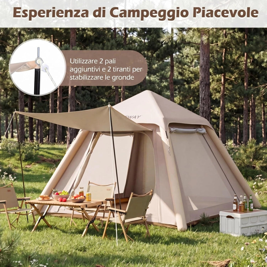 Tenda da Campeggio Gonfiabile, Tenda da Esterno Impermeabile per 2-4 Persone con 2 Porte e Finestre in Rete, Copertura Rimovibile, Pompa ad Aria e Borsa da Trasporto, per Viaggi e Escursionie