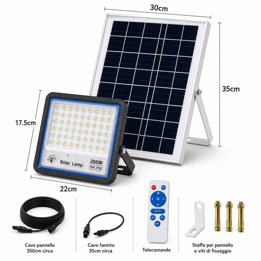 FARO LED FARETTO ALTA LUMINOSITA' PANNELLO SOLARE CREPUSCOLARE TELECOMANDO 200W