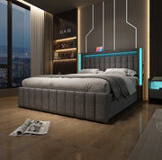 Letto matrimoniale 160x200 cm con LED; USB C e 4 cassetti; rivestimento in lino grigio