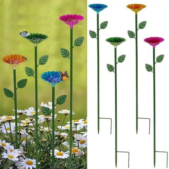 Pacchetto da 4 di stazioni per api - vaschetti per fiori e farfalle, vaschetti per api per esterno, decorazioni per giardino in metallo, vasche per api per terrazza (fucsia, verde, blu, giallo)