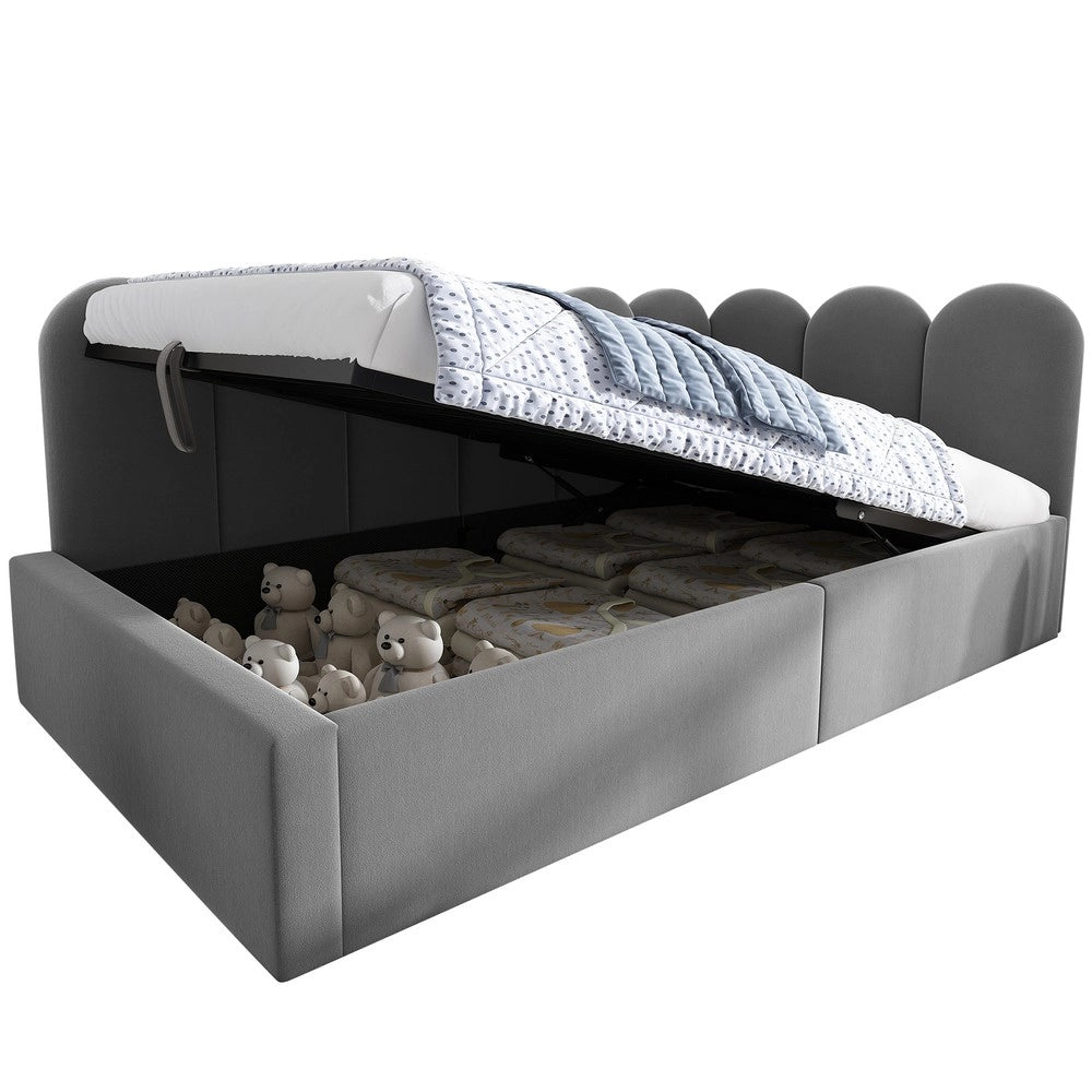 Letto Imbottito con Contenitore 90x200 ¨C Xylo ¨C Velluto Grigio, Rete a Doghe in Metallo