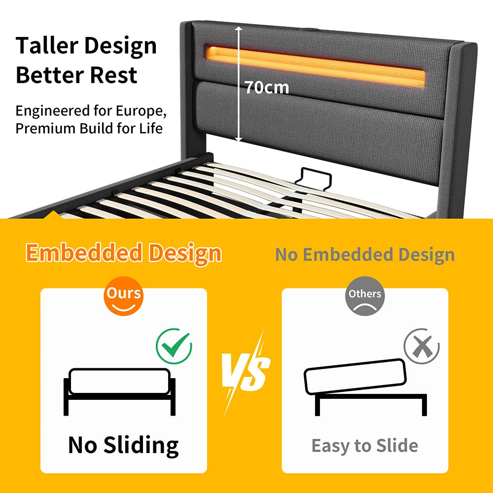 Letto matrimoniale-Xylo-160x200 cm-LED, USB-C, idraulico, con materasso, lino, grigio