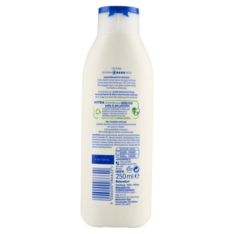 NIVEA CREMA CORPO 72H DI IDRATAZIONE CLINICAMENTE TESTATO ACIDO IALURONICO PURO MINERALI MARINI E SIERO NUTRIMENTO INTENSO 250 ML