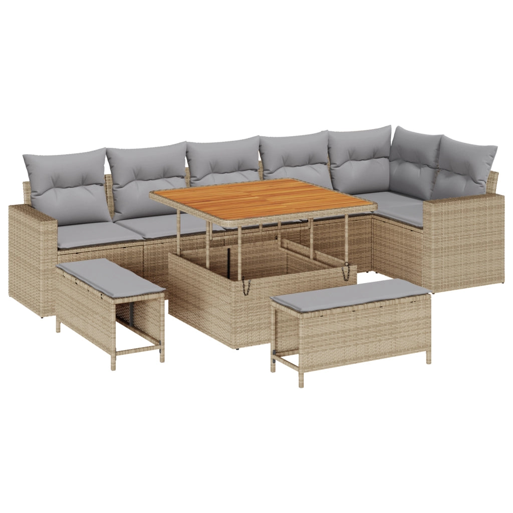 Set Divano da Giardino 9 Pezzi con Cuscini Beige Polyrattan Acacia
