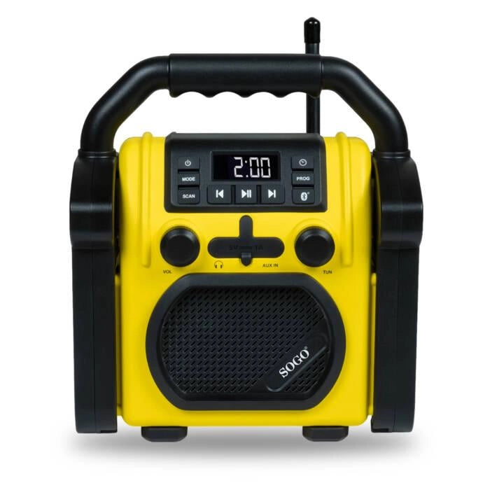 Radio da cantiere ricaricabile, Bluetooth 5.4, FM 87.5-108 MHz, batteria 2000mAh, 10h autonomia, protezione IPX54 - SOGO