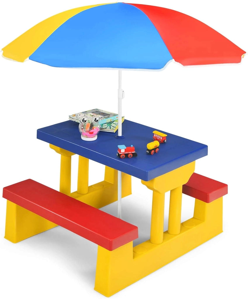 Tavolo da Picnic, Set di Tavolo e Sedie per Bambini con Parasole Pieghevole per Giardino/Terezzo/Parco, Bambini più di 3 Anni (Giallo + Rosso + Blu)