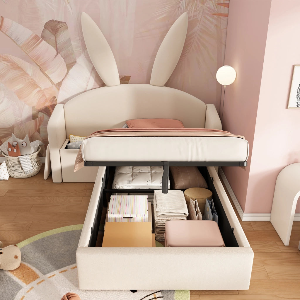 LETTO 90x190 cm per bambini in velluto beige con contenitore e comodino