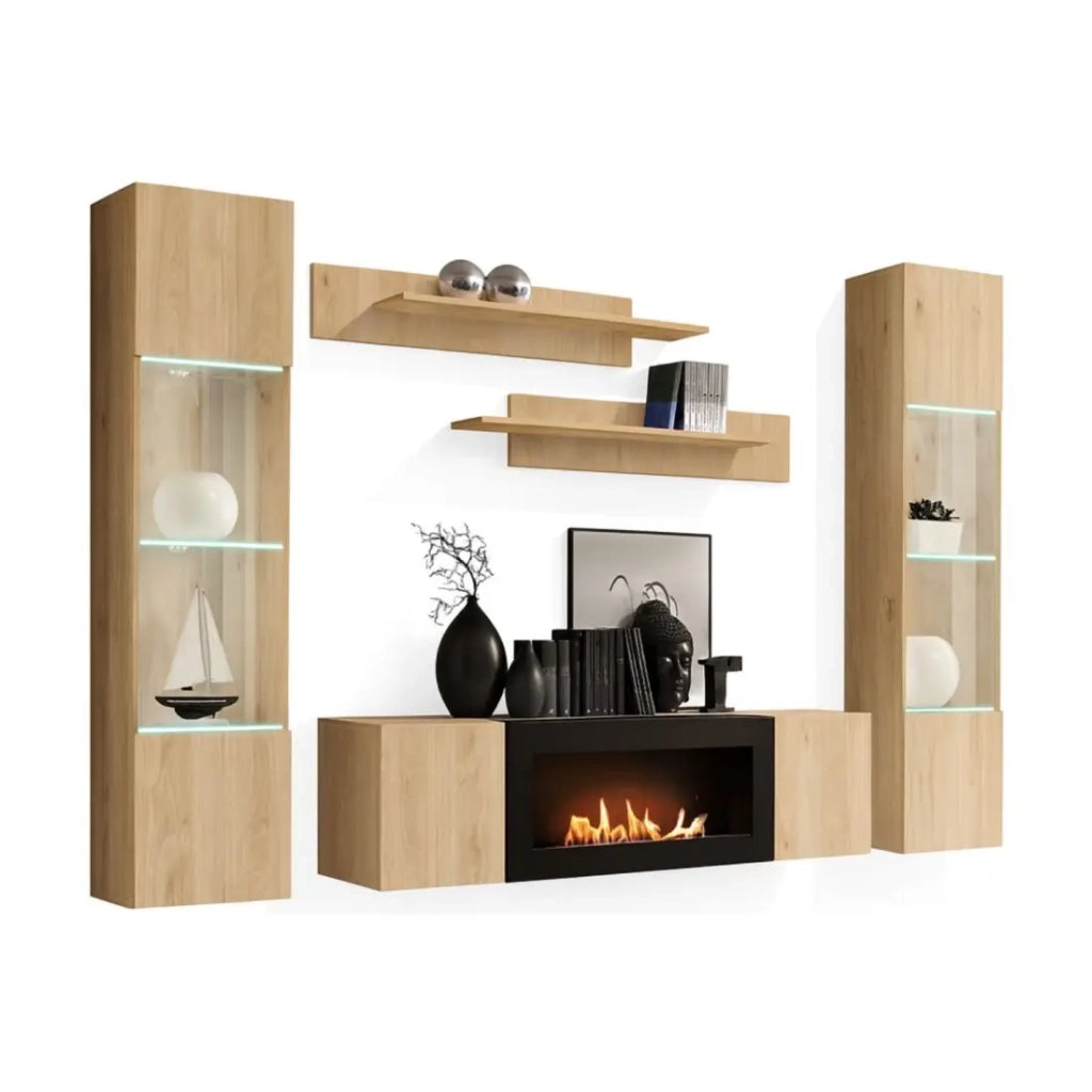 Composizione murale FLY – Rovere chiaro – Vetrine parzialmente vetrate LED, scaffali e mobile TV con camino bio-etanolo