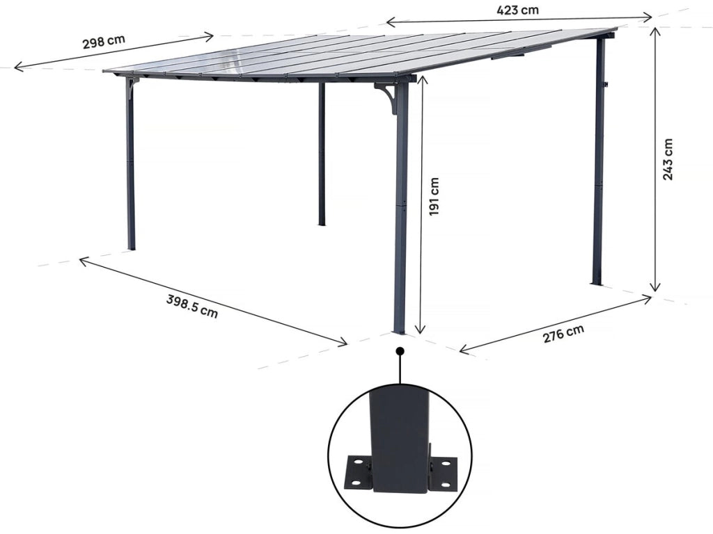 Pergola addossata "Marvin" - 4 x 3 m - 423 x 298 x 243 cm - Grigio scuro