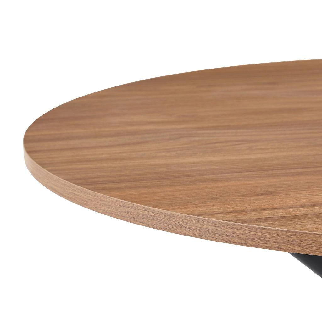 Tavolino rotondo moderno in legno e metallo con base a 3 gambe incrociate, colore nero e noce