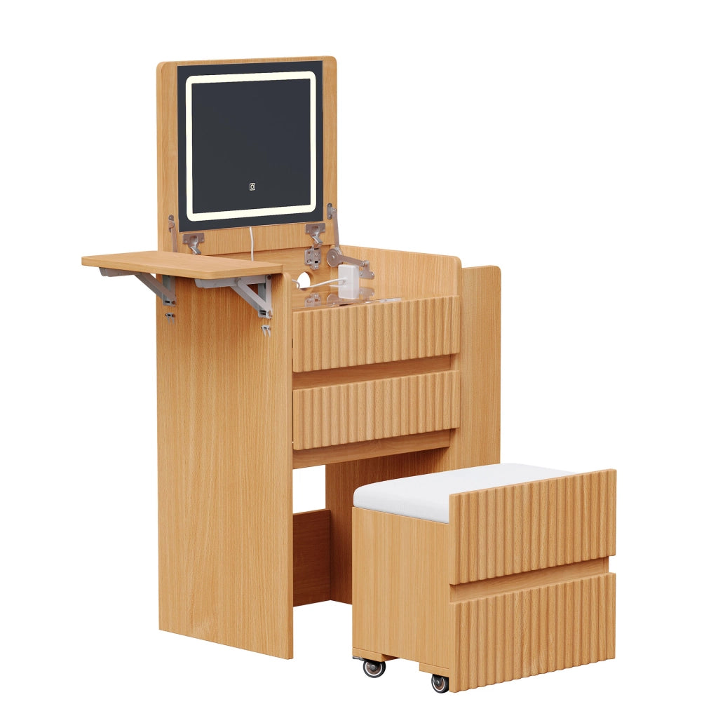 Tavolo da trucco con specchio LED pieghevole, 2 prese, USB e Type-C, sgabello con ruote, 3 cassetti e piano laterale richiudibile, 79 x 120 x 40 cm