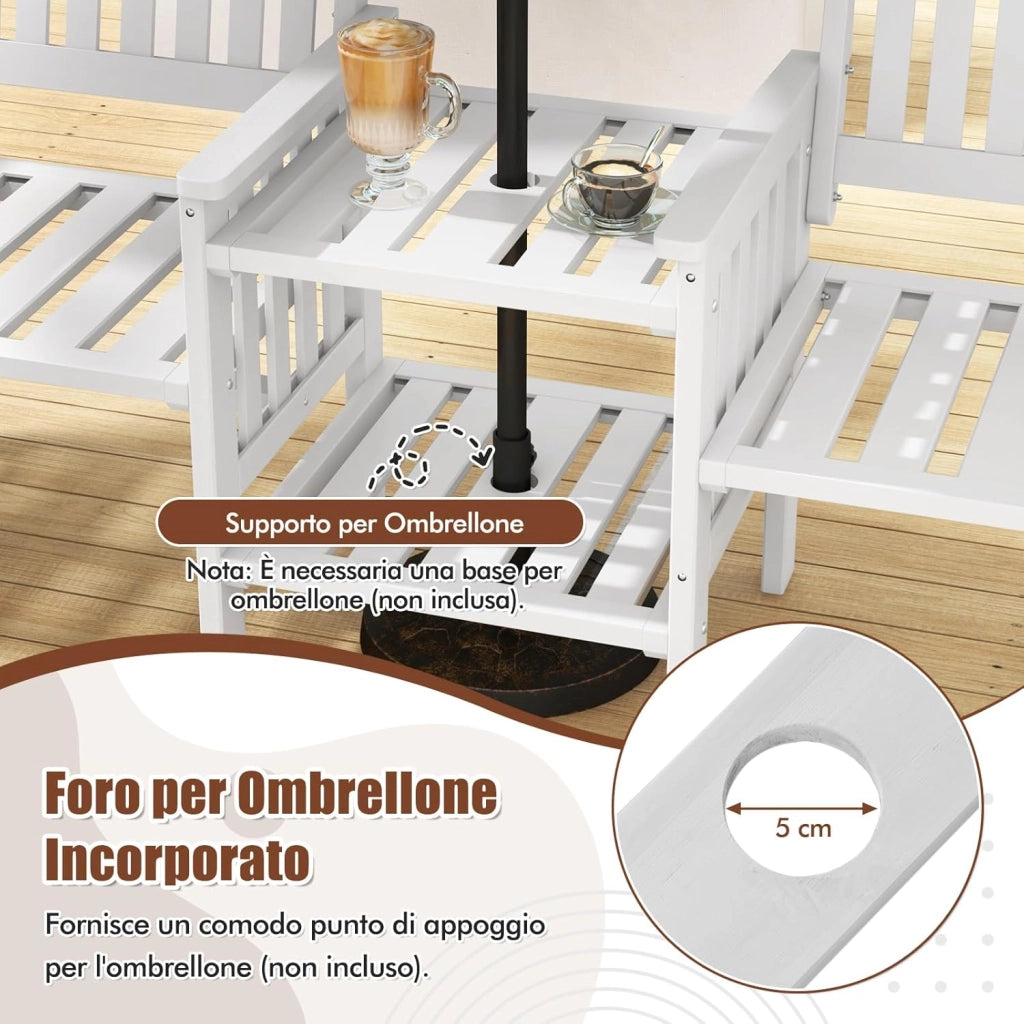 Set Tavolo e Sedie da Giardino con Foro per Ombrellone, Set di Mobili a 2 Posti in Legno Abete, Tavolino a 2 Ripiani, Sedia Portata 150 kg, Tavolino Portata 30+30 kg