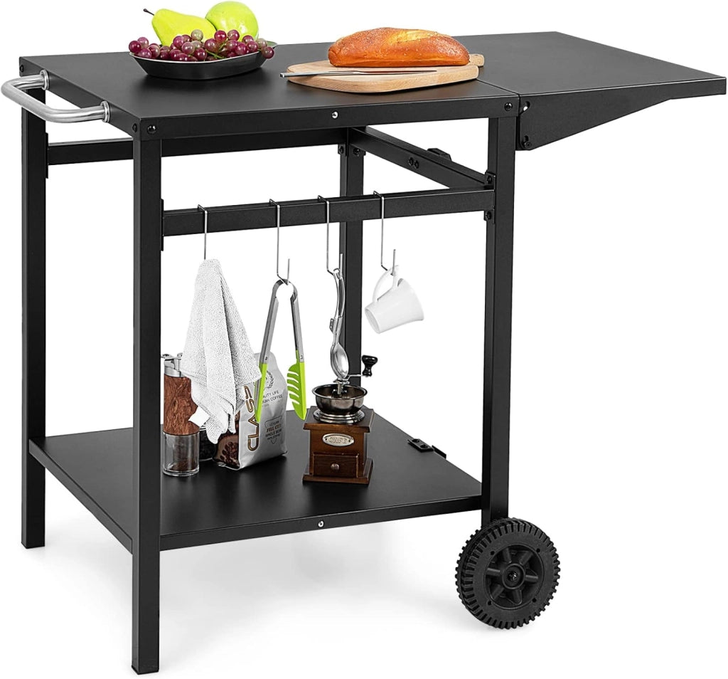 Carrello per Barbecue, Carrello di Servizio con Ruote e 4 Ganci, Pannello Laterale Pieghevole, Carrello Cucina Multiuso per Forno da Pizza, per Casa Cortile Patio e Giardino
