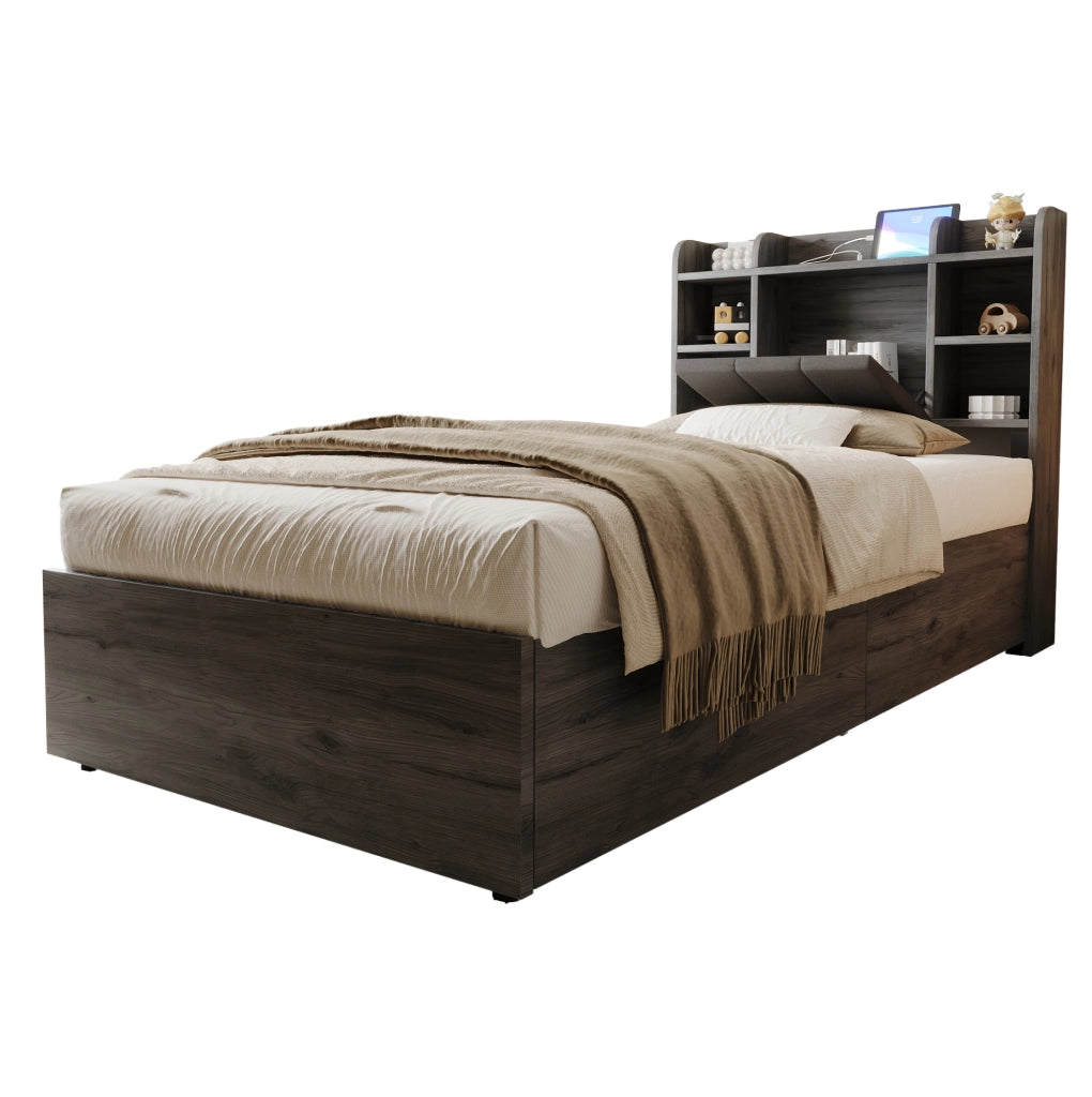 Letto singolo 90x200 cm con contenitore idraulico e prese USB