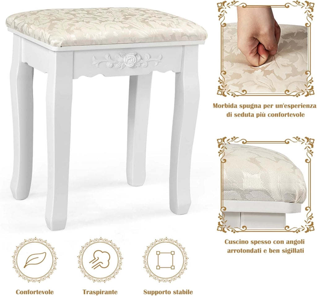 Toeletta Trucco con Specchio Girevole, 10 Luci LED, Luminosità Regolabile, Postazione Trucco con Sgabello e 4 Cassetti, Tavolo da Trucco Scrivania Camera da Letto, 146x75x40cm (Bianco)