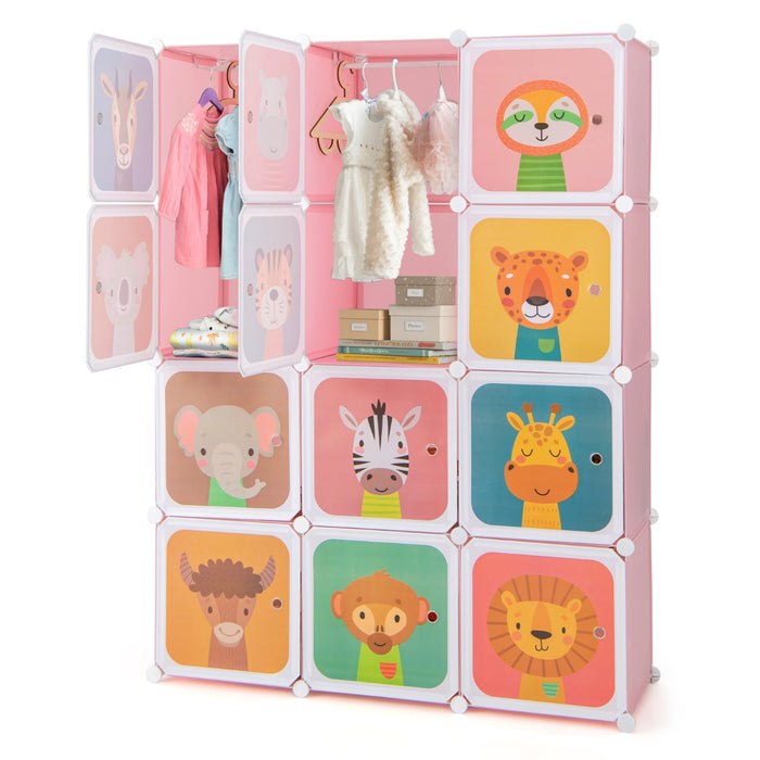 Armadio portatile per bambini, Armadio con 12 cubi con 2 sezioni appendibili com¨° con cartoon Rosa-Scaffalature