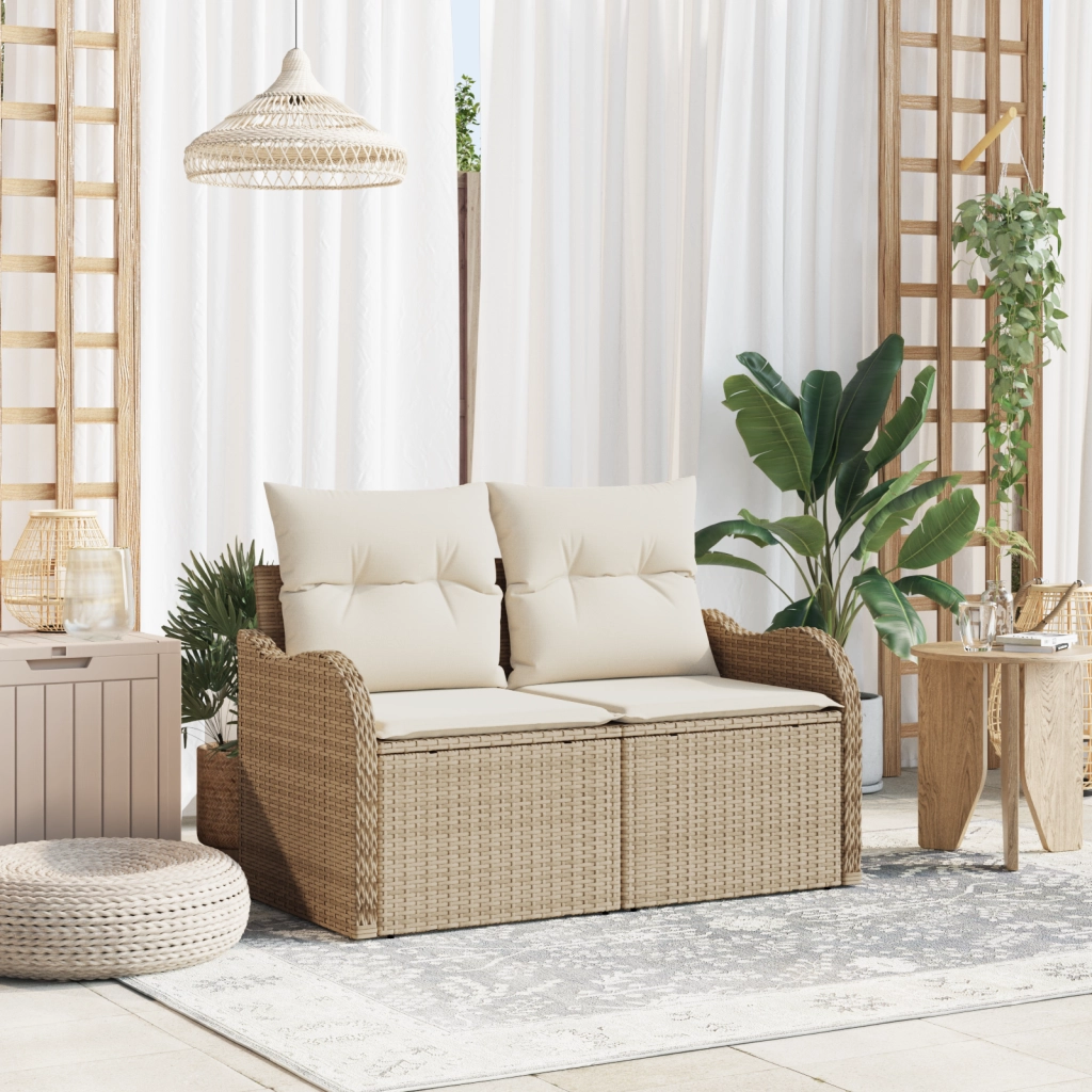 Divano da Giardino a 2 Posti con Contenitore e Cuscini Beige in Rattan Sintetico